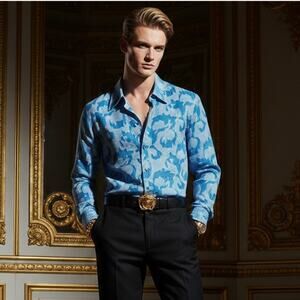 Versace Jean Couture Open-weave Gingham Shirt Blue Metal buttons
